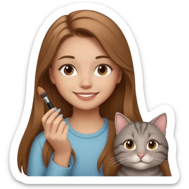 A image of a girl with light long brown hair doing her makeup with her grey tabby cat. She is smiling sticker