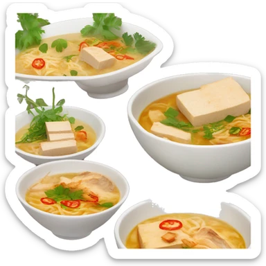 A bowl of laksa soup with tofu , chicken   sticker