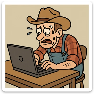 A farmer at a desk, struggling with a laptop, sweat on brow, in a cartoon style sticker