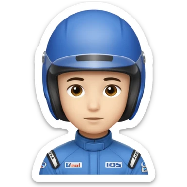 A light-skinned boy with short dark hair, wearing a blue racing helmet and an oval face with a neutral look. sticker