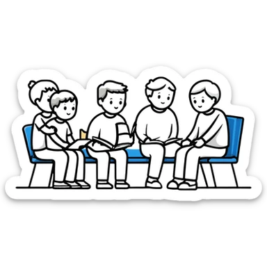 group of five white people sitting in training session sticker
