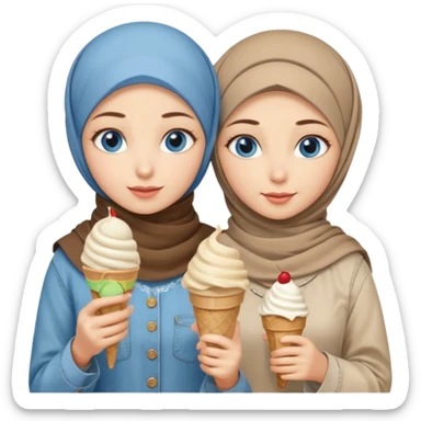 Turkish beautiful finish Konya two girls blue eyes with beige denim hijab islamic dress and had on her hand ice cream in cup sticker