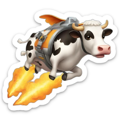 side-on view of cow flying to space while wearing a jetpack that is emitting flames, legs being pushed back by the wind sticker