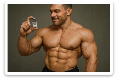 BODYBUILDER A FIGURA INTERA CHE TIENE IN MANO UNA FIALA MEDICA CON la scritta "BPC 157" SULL'ETICHETTA E LA GUARDA SODDISFATTO, iperrealistico 4k sticker