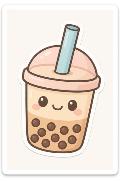 chibi sticker of a smiling boba tea cup with a straw, kawaii face, pastel colors, white background sticker