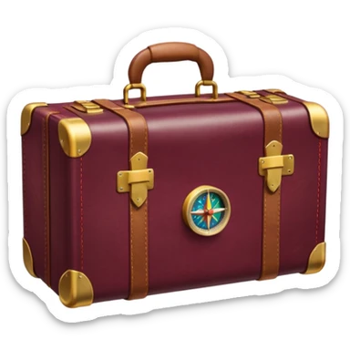 burgundy travel suitcase with multi-colored stamps on it and a gold compass sticker