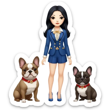 latin woman in fancy clothes with long black hair standing alongside two French bulldogs  sticker