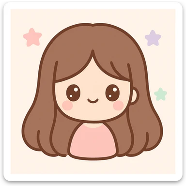 pale skin girl with long brunette hair and brown eyes, kawaii cute style sticker