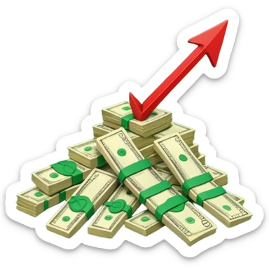 a pile of money infront of strategy paper with one red arrow up sticker