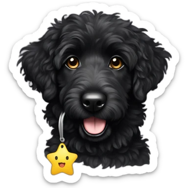fully black aussie doodle with a star-shaped tag sticker