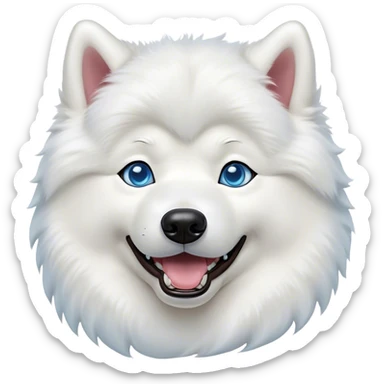 Cinematic Comical Samoyed Portrait Emoji, Head tilted dramatically with an exaggeratedly amused expression, featuring a striking, fluffy white Fur with a radiant sheen, wide, expressive blue eyes filled with playful disbelief, Simplified yet hilariously expressive features, highly detailed, glowing with a slightly sassy glow, high shine, dramatic yet playful, stylized with an air of cheeky mischief, bright and endearing, soft glowing outline, capturing the essence of a spirited and over-the-top companion, so meme-worthy it feels like it could side-eye its way into internet fame instantly! sticker