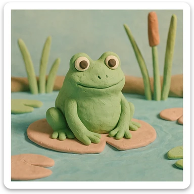 frog sitting in a pond with visible water lilies and reeds, soft pastel colors, claymation style sticker