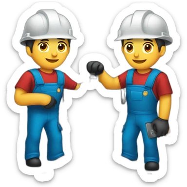 a team of two assembly men, disassembling industrial machinery with red uniforms sticker