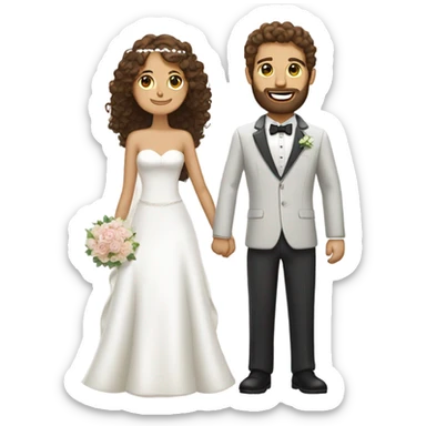 Bride with medium brown curly hair and a groom with dark brown short hair and long beard  sticker