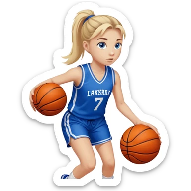 Fair skinned girl with blonde hair tied in a ponytail and blue eyes dribbling a basketball in a blue basketball kit with the number 7 with white, determined expression sticker