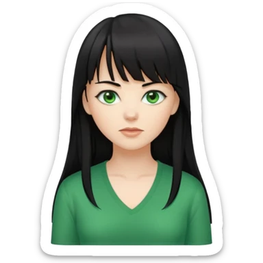 A white woman with Long straight hair with bangs, black hair, green eyes and a low-cut shirt sticker
