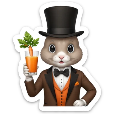 rabbit wearing suit, bowtie and top hat, holding glass of carrot juice sticker