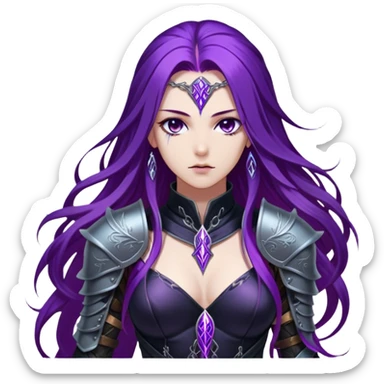 A mysterious warrior girl with long, flowing purple hair cascading down her back, strands catching the dim light like silk. Her piercing violet eyes glow. She wears sleek black armor, a perfect fusion of elegance and lethality, adorned with intricate silver engravings resembling ancient runes.  sticker