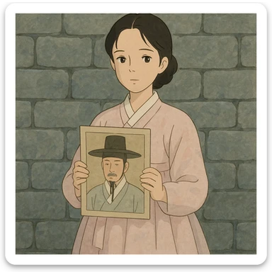 a young woman in a pale pink sheer hanbok holding a traditional Korean portrait in front of a grey stone wall, muted color palette, serene mood, ghibli style sticker