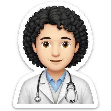 a young male doctor with black long curly hair and cheerful face sticker