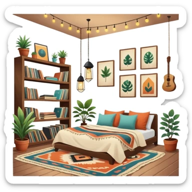 cozy indie room with record collection, hanging plants, boho rugs, vintage posters, string lights, cozy throw blankets sticker