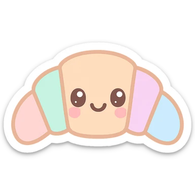 kawaii style croissant, cute smiling face, pastel colors, big eyes, blushing cheeks, adorable and sweet sticker