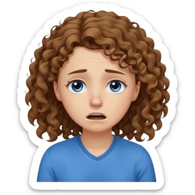white young curly long hair girl, brown hair, with a blue shirt, in despair crying sticker