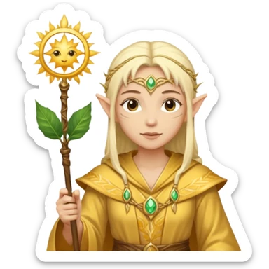 {
      "type": "human",
      "look": "light elf healer, golden robe, staff with leaf and sun motif",
      "description": "a light elf healer wearing a golden robe and holding a staff with leaf and sun symbols"
    } sticker