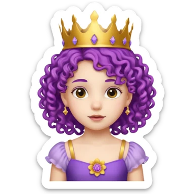 Princesses kid girl, with Gold Crown and flower on purple curly hair, with white dress sticker