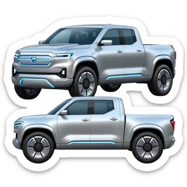 A futuristic electric pickup truck emoji, silver chrome body, angular cyber design, smooth metallic panels, subtle reflections, minimalistic proportions, iOS emoji style, centered composition, clean white background, soft lighting sticker