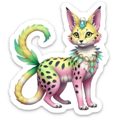 Epic complex knightly divine glorious futuristic detailed dark dusky gloomy pastel pink-pastel-green-pastel-yellow-white-gradient-iridescent, realistic Fakémon-Sprigatito-Floragato-Meowscarada-Trico-Sergal-Serval-Vernid-creature (full body) with bracelets and anklets and fairy wings sticker