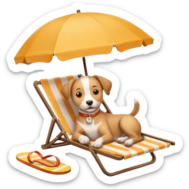 a dog laied on a beach chair, a sunny beach, a sun umbrella, and flip flops the icon should capture the essence of a relaxing beach vacation with a carefree atmosphere sticker