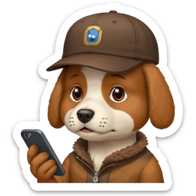 dog with a DeGould branded cap who is sad at his mobile phone sticker
