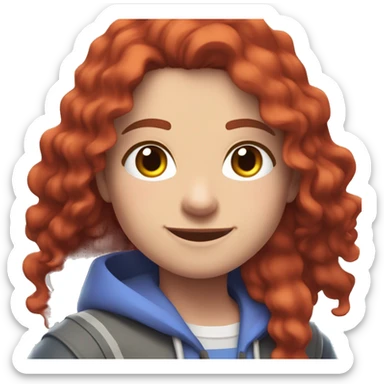 a white girl with long red curly hair and freckles, wearing periwinkle Minecraft hoodie playing a videogame smiling sticker
