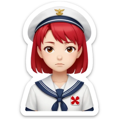 Serious anime girl with short bright red hair wearing Japanese sailor style school uniform, intense gaze and slight frown, disciplined posture sticker