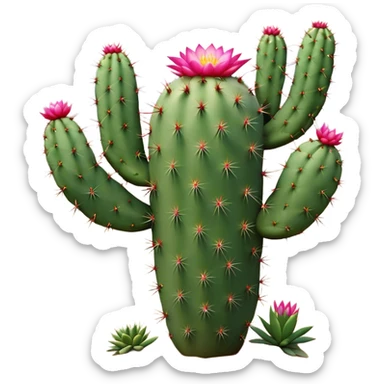 Cinematic Realistic Cactus Emoji, Tall and spiny, with thick, rounded stems covered in sharp spines. Bright flowers bloom at the tips of some branches, adding a pop of color against the desert backdrop. Soft glowing outline, capturing the essence of strength, survival, and desert beauty in a striking cactus! sticker
