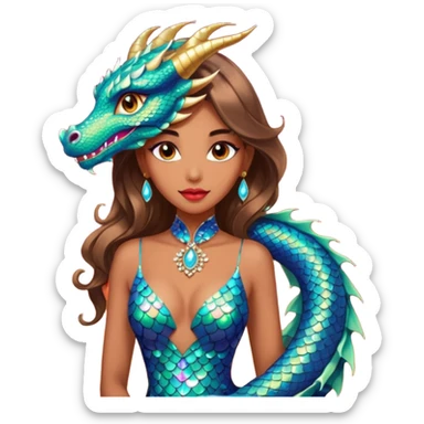 A gorgeous woman with dragon featured with glittering jeweled scales covering her body. She has large almond shaped eyes, lush lips, and she wears a stunning luminescent gown. sticker