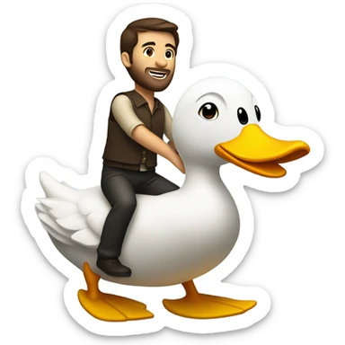White Man with dark brown hair and a short beard riding on the back of a giant duck sticker