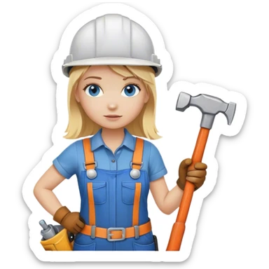 A blond girl blue eyes, handyman Outfit, wearing a Helmet and a Hammer, Whole body  sticker