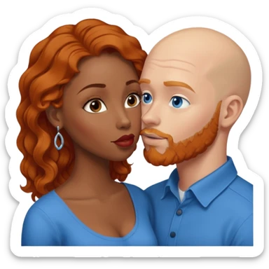 Bald white male with ginger beard and blue eyes kissing African American brown woman with black wavy hair sticker