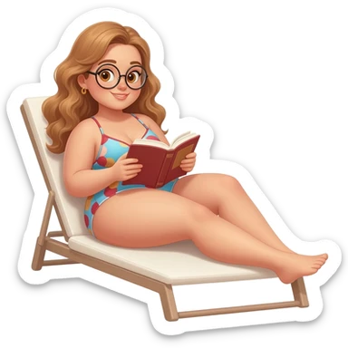 detailed emoji illustration of a curvy woman with long light brown wavy hair and light brown eyes wearing round glasses, relaxing on a lounge chair in a swimsuit while reading a book, sunny summer atmosphere, emoji style sticker