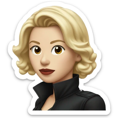 blonde Scarlett Johansson in black jacket pointing forward sticker