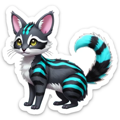  cute adorable pitch-Black-coated fur with glowing bioluminescent random colorful neon-markings divine beautiful elegant pretty precious cute young youthful  Fakémon-Pokémon-alien-opossum-feline-serval-caracal-chinchilla-Minccino-hybrid-creature with a big fluffy bushy striped tail (full body) sticker