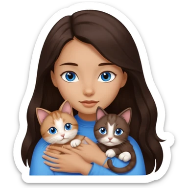 a pretty girl with long dark 
brown hair, with blue eyes, hugs 3 different natural coloured small cats sticker