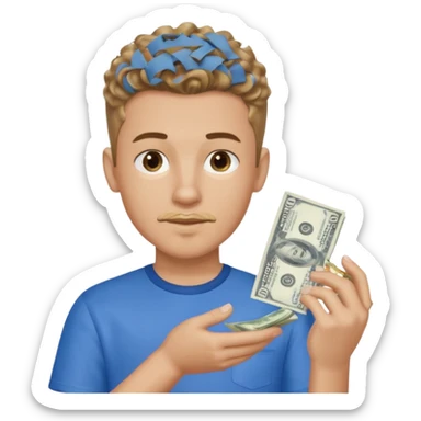 Boy dark blond curls with taperfade , clean goate is making a moneyspread with left hand sticker