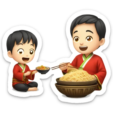 Chinese boy eating nodle and the boy get chinese traditional clothes sticker