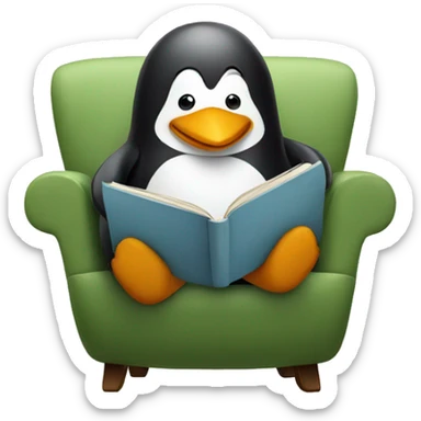 A penguin reading a book sitting on a cozy chair sticker
