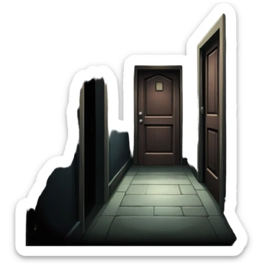 An icon showing a dark, eerie environment with ominous shadows, inspired by horror games like Resident Evil. The design includes a dimly lit corridor, a creepy door slightly ajar, and a silhouette lurking in the background. A sense of suspense and fear is conveyed. Transparent background. sticker