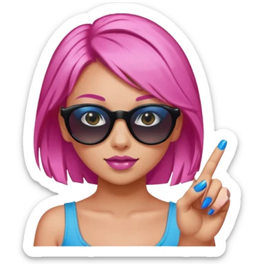 a girl with pink hair and blue nails and black sunglasses with finger and thumb tapping together  sticker