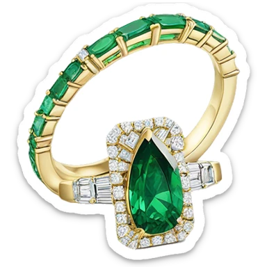 Gold ring with emerald cut diamond in middle and green gem pear cut side stones sticker